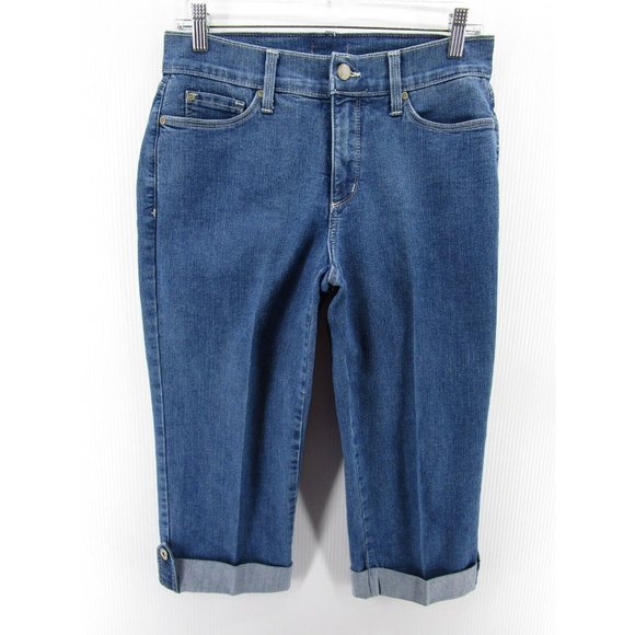 NYDJ Jeans 8 10 Crop Denim Cuffed Hem Slimming Medium Wash USA 30X20 - Picture 1 of 10
